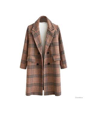 Women's Plaid Trench Coat Oversize Double Breasted Mid-Long Pea Coat